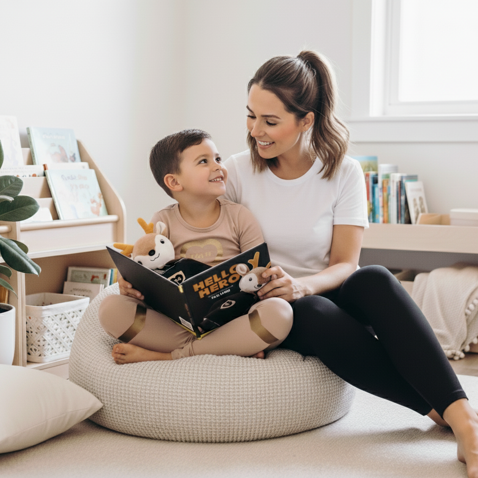 Woman and child reading a book together in a cozy room.