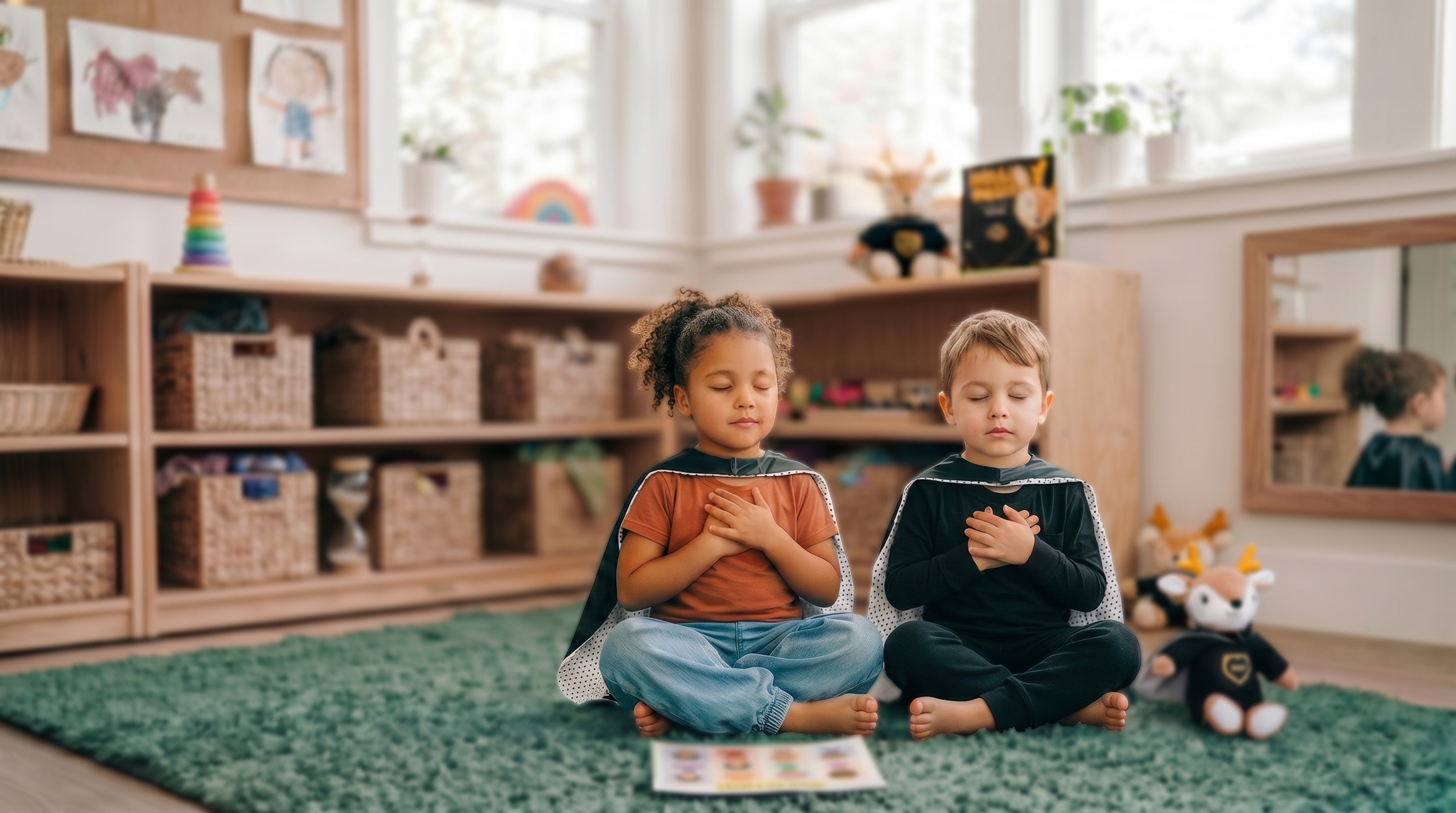Two children sitting on a rug in a classroom setting, meditating